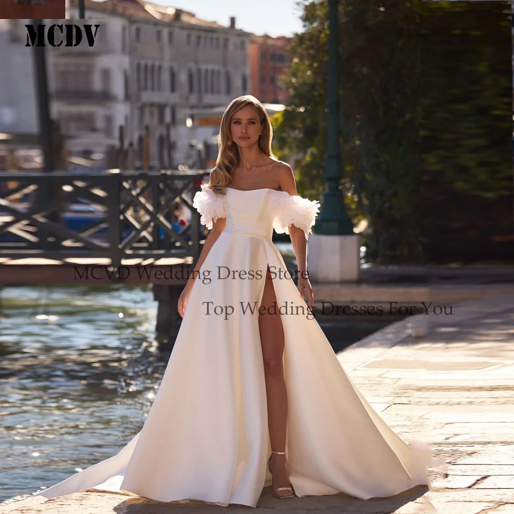 

MCDV Strapless Wedding Dresses 2025 Bride Off Shoulder A-Line Flowers Bride Gown With Split Satin robe de mariée 2025 Customized