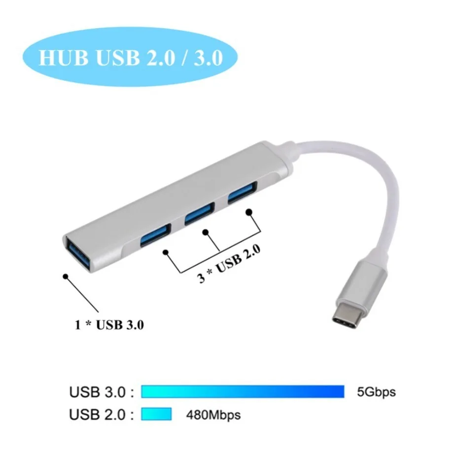 Adaptador Multi Splitter para HUAWEI, Xiaomi, Macbook Pro 13, 15 Air Pro, Acessórios de Computador PC, USB 3.0, Tipo C, 4 Port, OTG