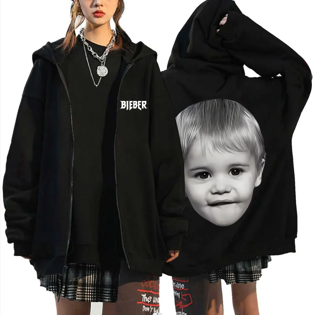 Justin Bieber Big Face Graphic Zipper Hoodie Coachella 2026 Zip Up Jacket Men's Women's Fashion Y2k Oversized Zip Up Sweatshirt