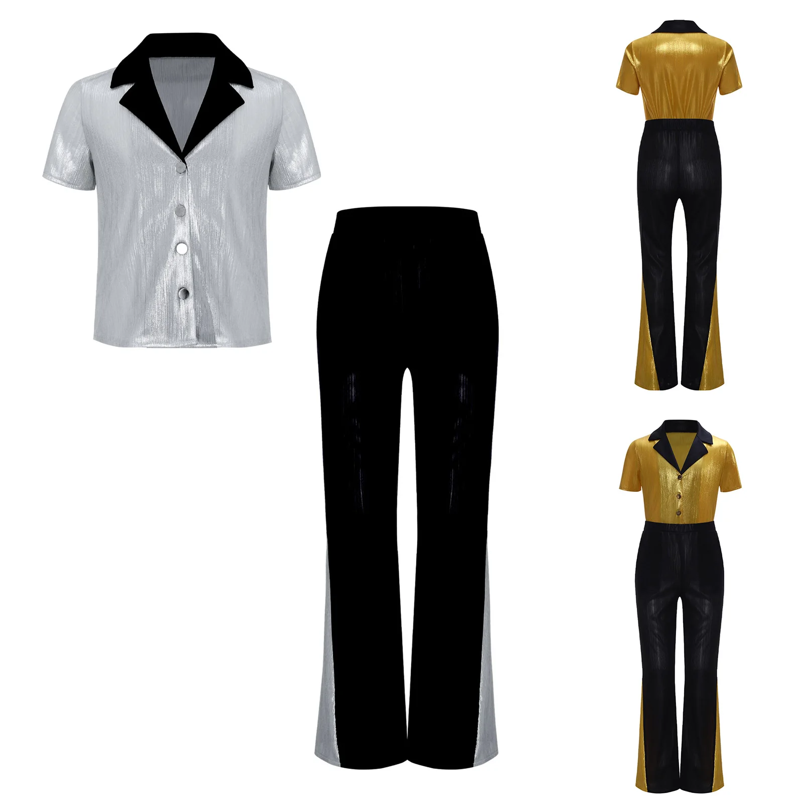 Boys 70s Disco Party Costume Gloss Short Sleeve Buttons Shirt Top with Flare Pants Children Halloween Carnival Jazz Dance Outfit