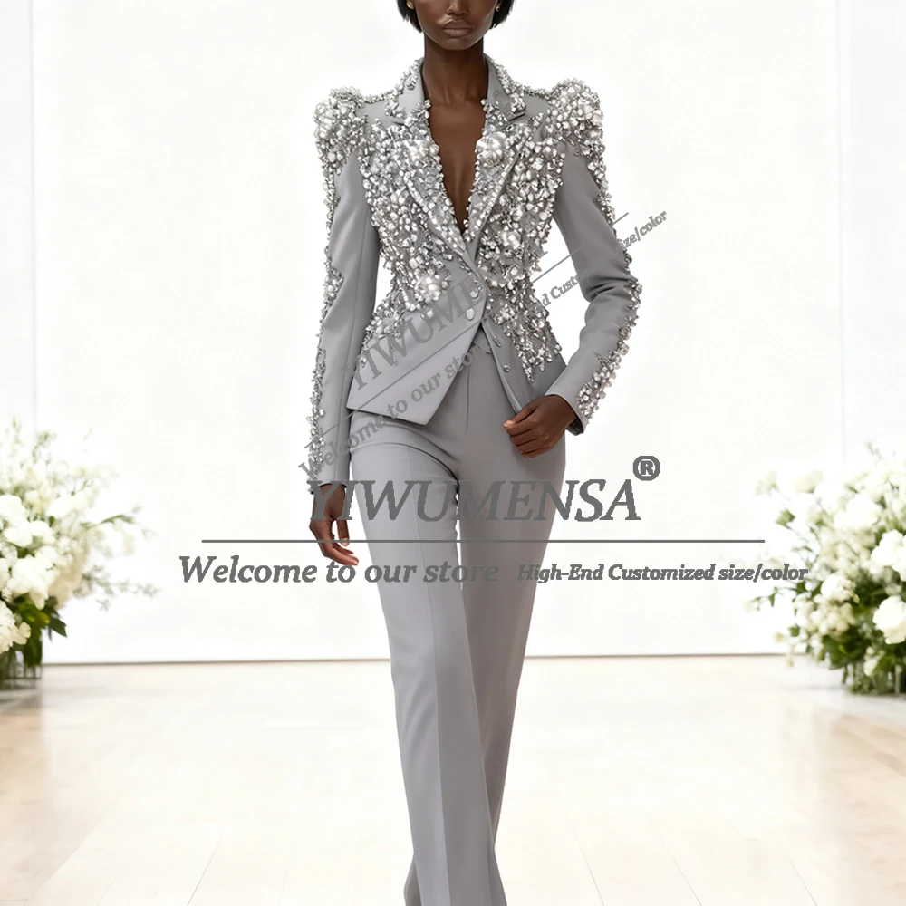 

Grey Silver Women Suit 2 Piece Set Pearls Blazer+Trousers Crystals Formal Office Lady Attire Customized Bride's Mother Dresses