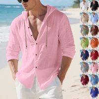 Camisa con capucha de lino de verano para hombre, cárdigan informal ligero y transpirable con protección solar para playa, ropa de estilo de pareja para vacaciones