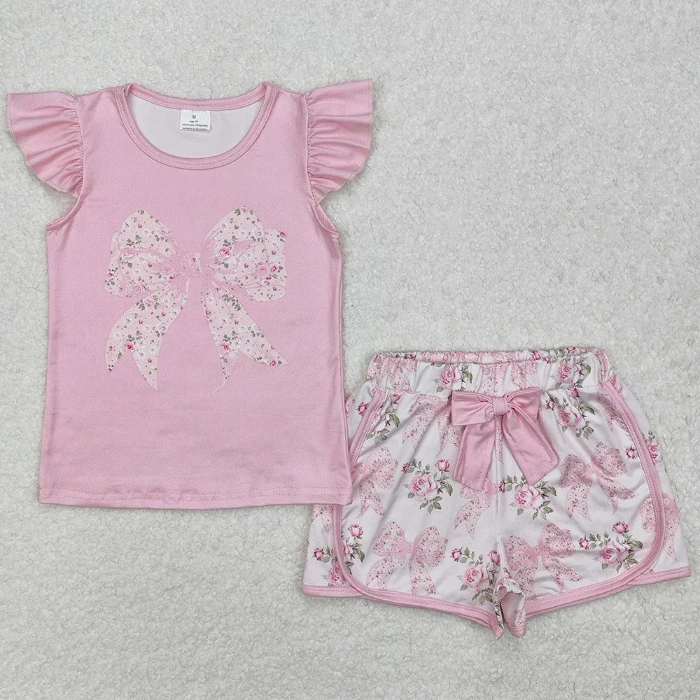 

Hot Sale Kids Designer Clothes Girls Pink Flowers Big Bow Shirt Shorts Sets Spring Summer Wholesale Boutique Baby Girls Clothes