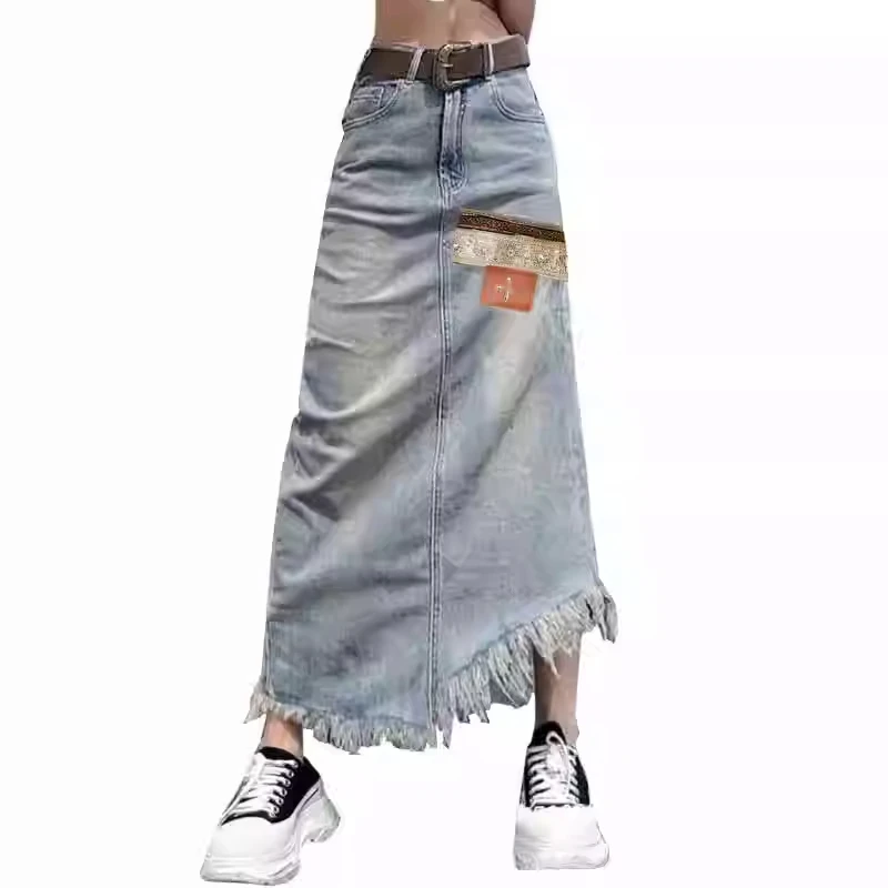 

Джинсовая юбка миди А-силуэта с высокой талией для женщин, винтажная, с эффектом потертости, с бисерной отделкой, асимметричным подолом, на запах