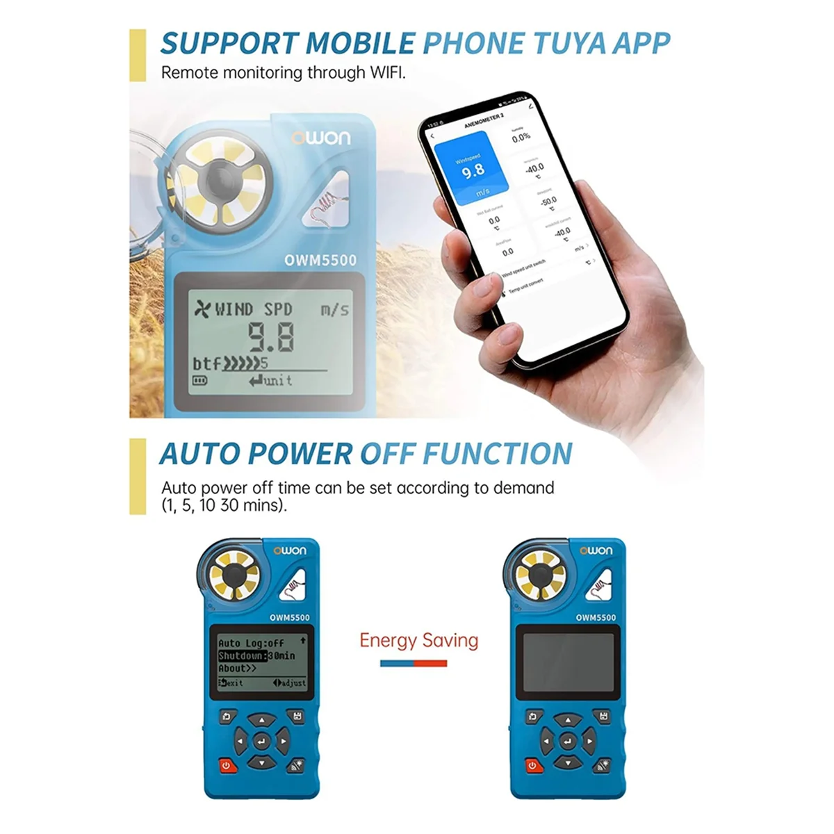 Owon Tuya 7-In-1 Digital Anemometer 0.6-40 M/S Rang WIFI Wind Meter Temperature Humidity Tester Speedometer Support Data Storage