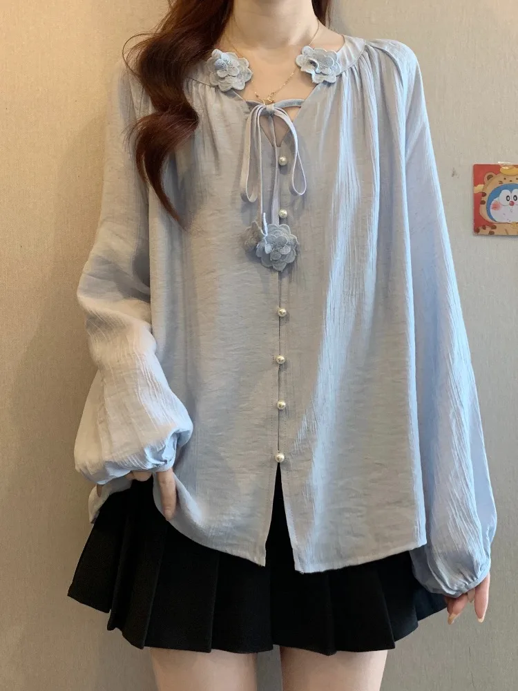 

Light Blue 3D Flower V-Ne Long Sve Women's irt Spring Early plus Size Casual Sle Loose Fit Casual Scene