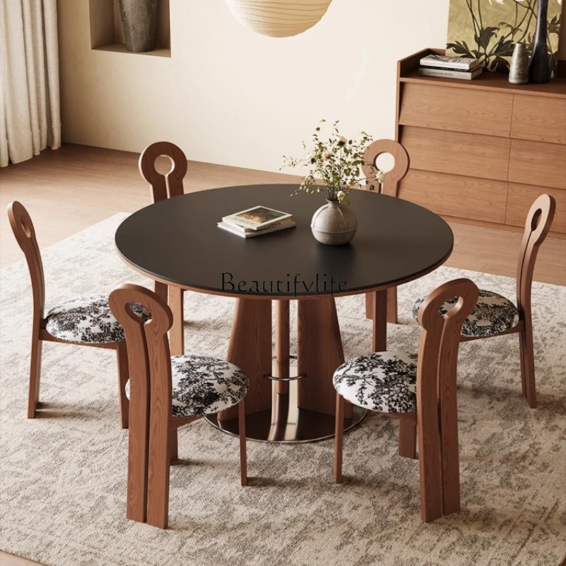

Nordic Solid Wood Rock Slab Dining Table for Home Use, Small Apartment Wabi-Sabi Style, Vintage Round Dining Table