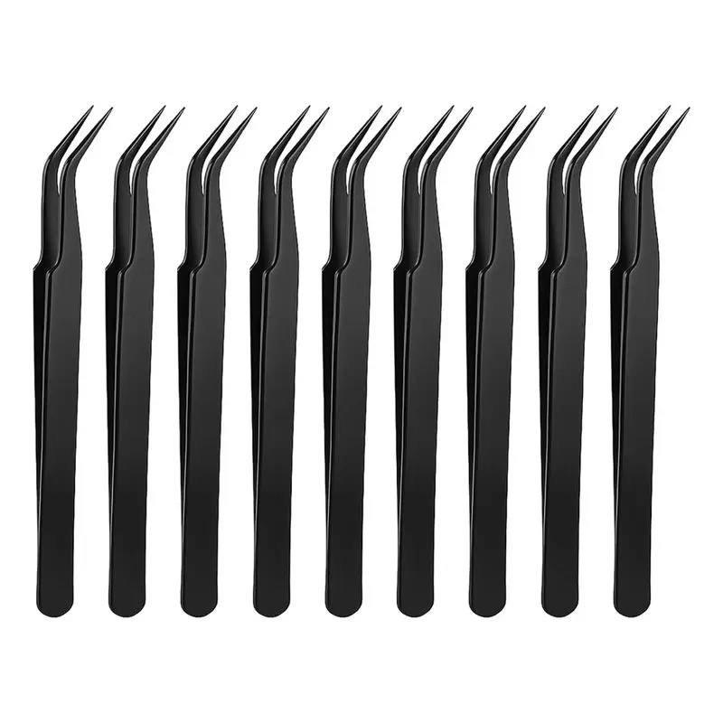 Y50A-9-Piece Precision Craft Tweezers Set, Stainless Steel, Curved Tips For Jewelry, Eyelash Extensions
