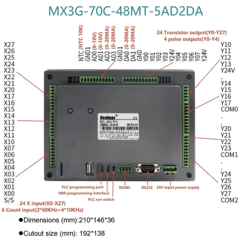 Imagem -04 - Coolmay-plc Hmi Tudo-em-um com Saída de Entrada Analógica Embutida Suporta Modbus Rtu Rs485 Rs232 Mx3g43c Série 70c Ad2da Polegadas Original