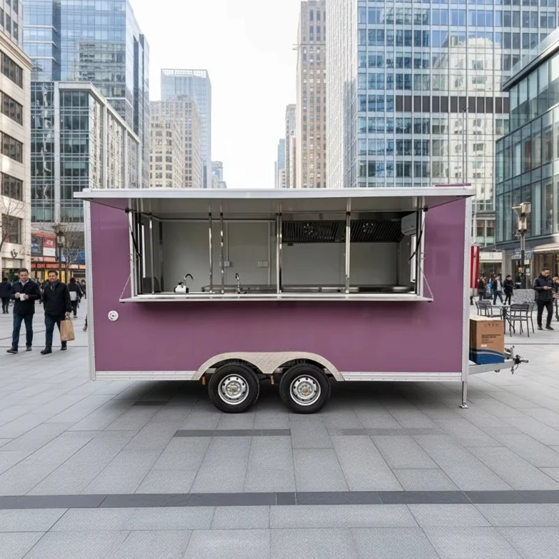 Purple 2-Axle Square Mobile Food Trailer with Full Service Window Commercial Concession Food Truck for Street Snack Vending