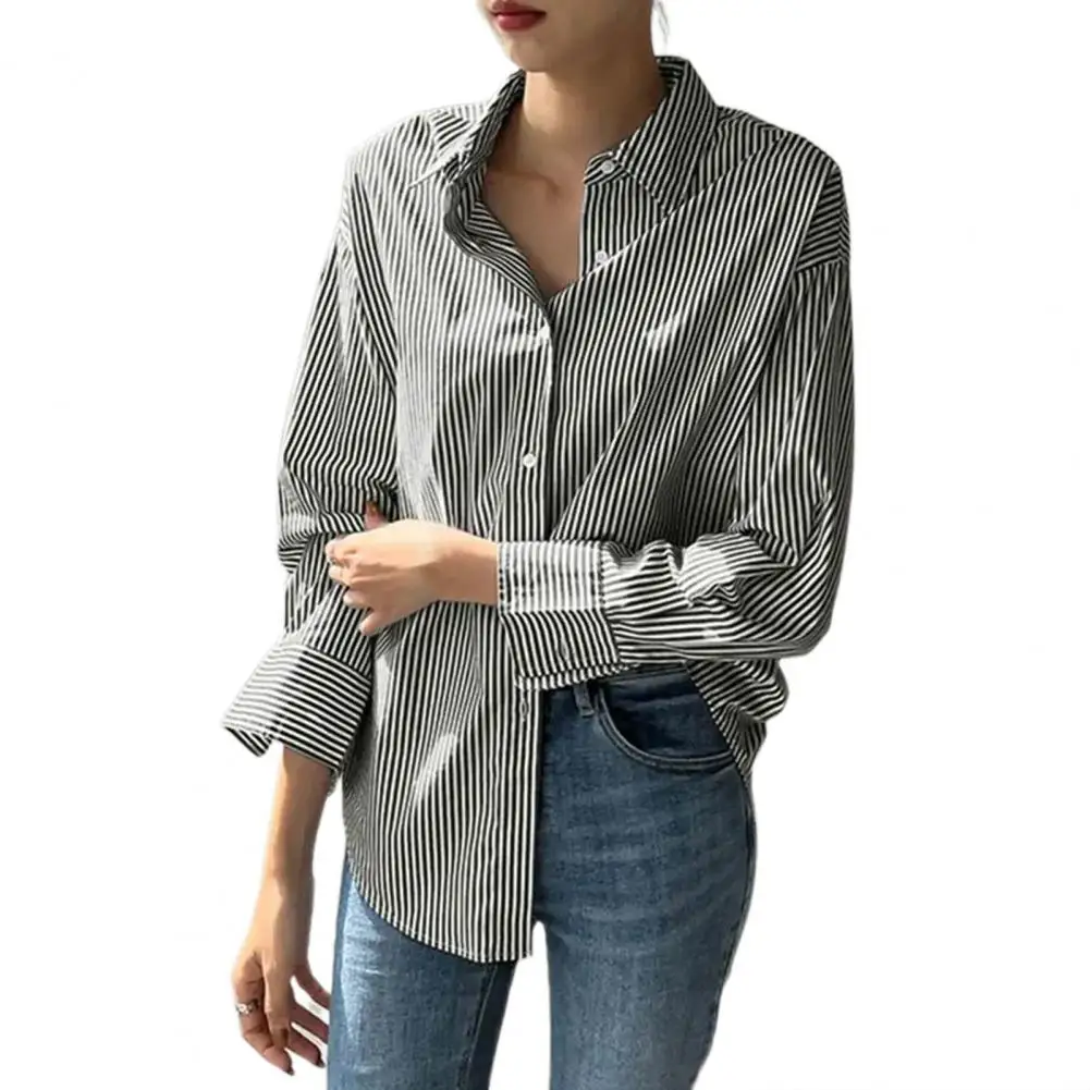 

Women Loose Fit Shirt Chic Women's Vertical Striped Office Shirt with Relaxed Fit Lapel Collar Casual Long Sleeve Single