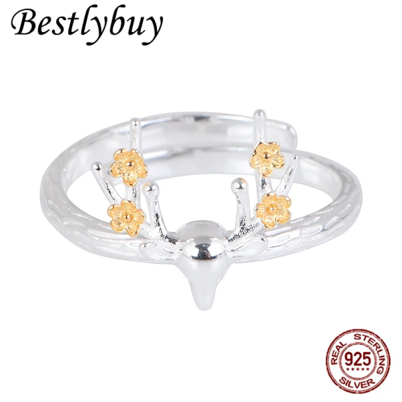 

S925 Silver Gold Plated Plum Blossom Deer Ring, Women's Original Fashion Christmas Jewelry Gift