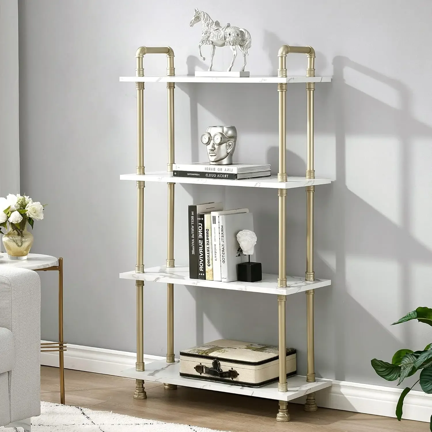 4 Tier Bookshelf, Wood and Metal Bookcases Furniture, Modern Narrow Book Case, Home Décor Shelving Unit for Living Room,