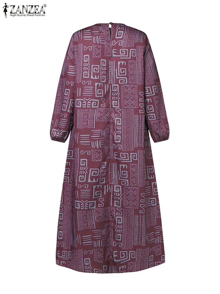 ZANZEA Women Maxi Long Dress Casual Long Sleeve Loose Ruffles Vestido Eid Mubarek Vintage Floral Printed Muslim Abaya Sundress