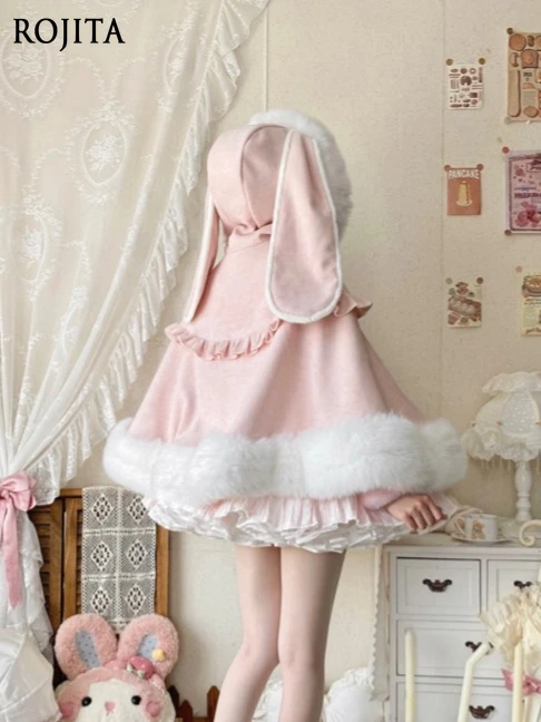 

White Woolen Rabbit Ear Cape with Pocket Lolita Autumn Winter Lolita Cape Shawl, Apricot Faux Fur Cape Coat 2025 New