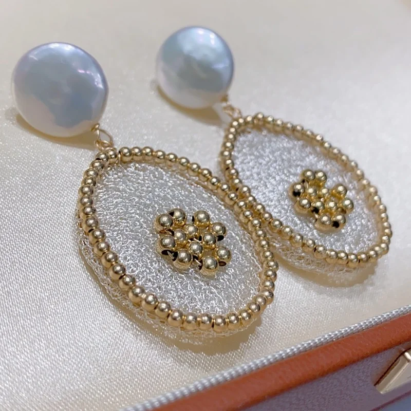 

SGARIT Ltalian Craftwork Oval Lace 13-14mm 14k Filled Gold Natural Button Pearl Drop Earrings for Women Jewellery