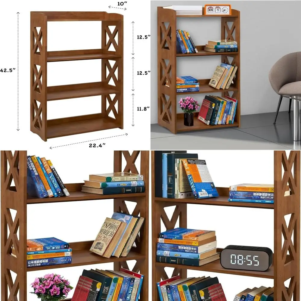 

Компактный 4-ярусный книжный шкаф из натурального дерева коричневого цвета для хранения и демонстрации в доме и офисе