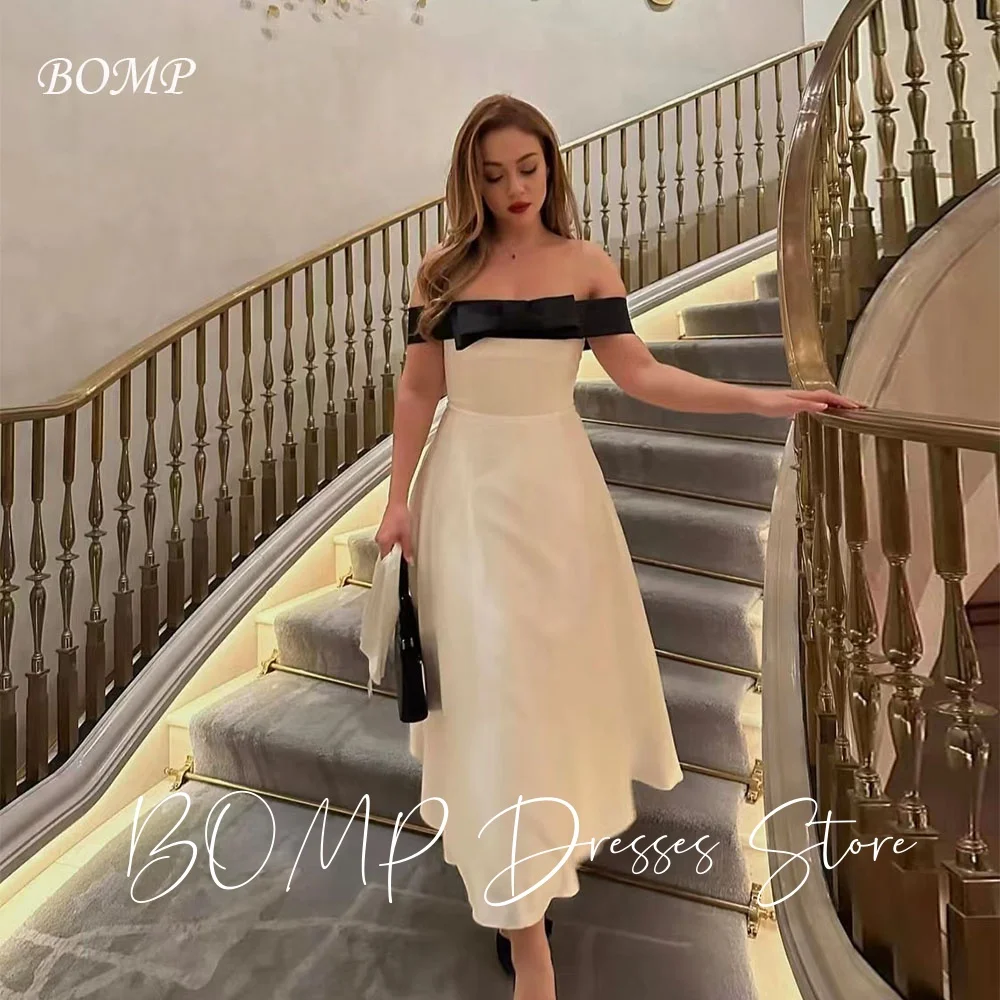 

BOMP Contrast Black White Evening Dresses Bow Strapless A-Line Satin Saudi Arabic Woman Formal Occasion Party Dress Customized