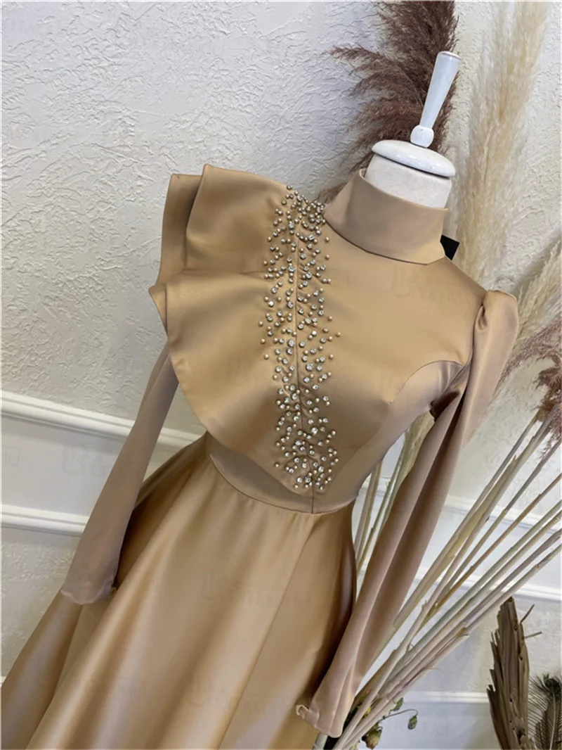 Robes De Soirée Long Sleeve Muslim Evening Dresses Satin Beaded A Line High Neck Arabic Dubai Formal Evening Gowns for Women