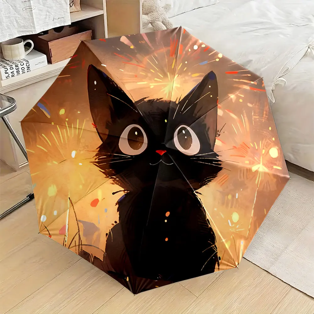 1PC Cute Black Cat Umbrella with Bright Firework Design Print 8 Iron Ribs Folding Umbrella Auto-Open Fashion Sunshade