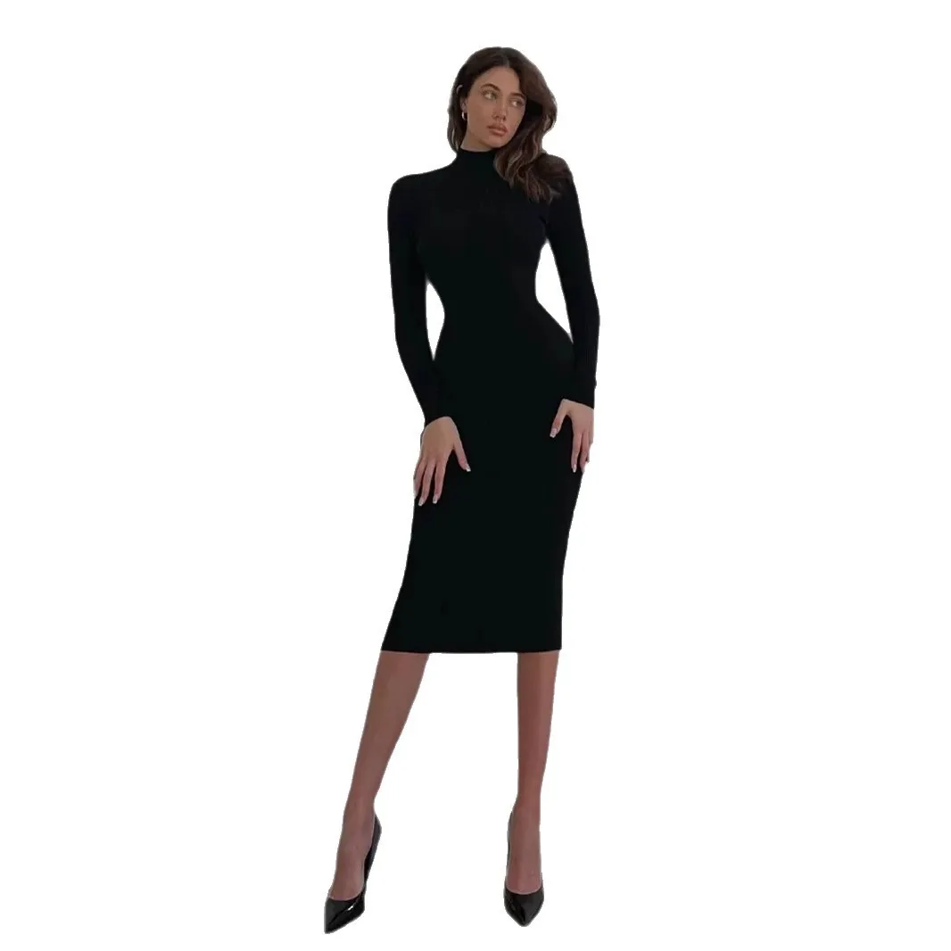 Vestido de tricô feminino 2025 outono inverno novo vestido de camisola de comprimento médio feminino preto gola alta vestido de malha fino para camadas