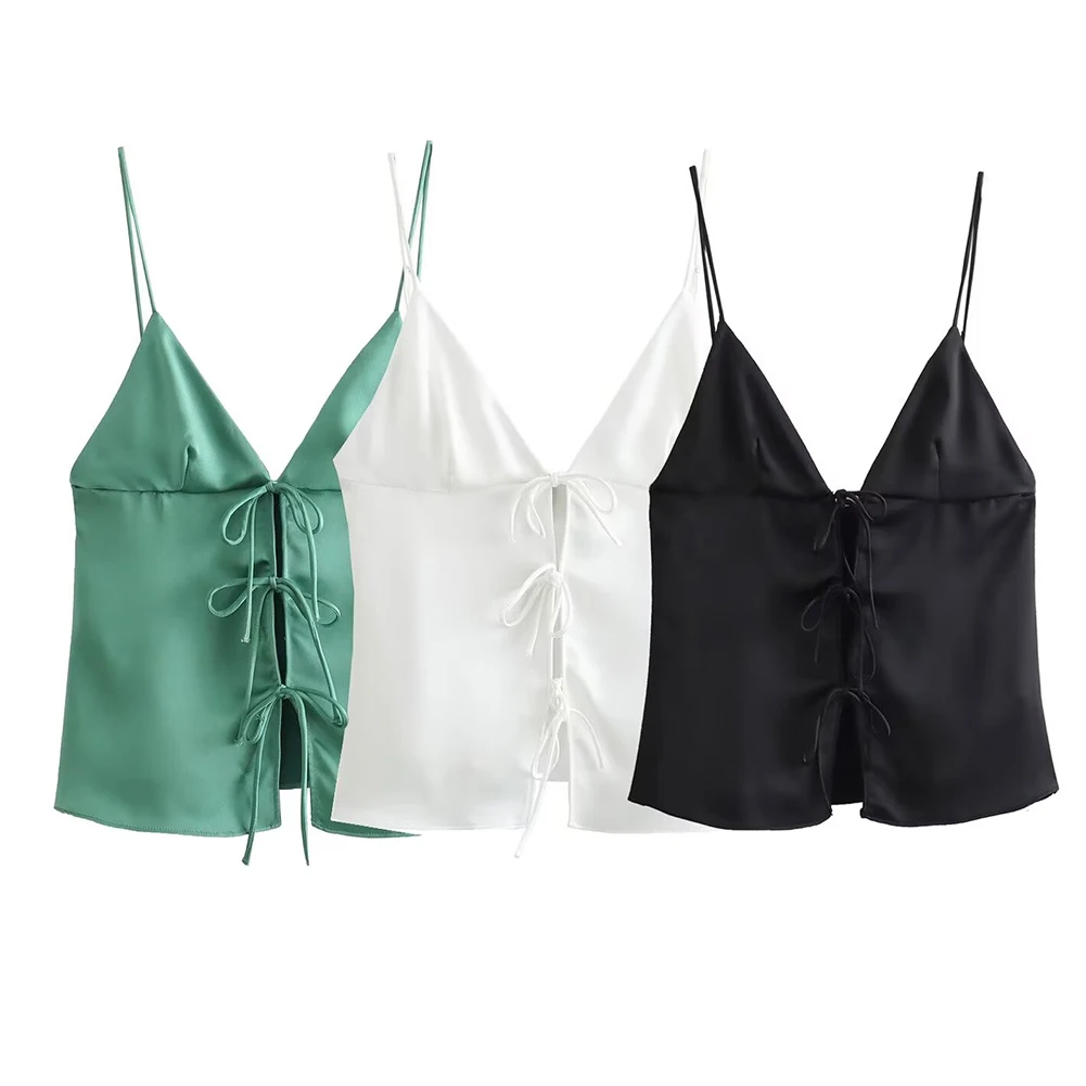 Women Satin Top Fashion Solid Backless Bow Lace Up Camisole Vintage Thin Straps Square Collar Female Chic-Lady Tops