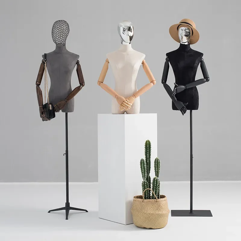 Korean Style Silver Hollow Half Body Mannequin Female Torso Display Stand Suede Cloth Wedding Shop Dress Form Prop No Head