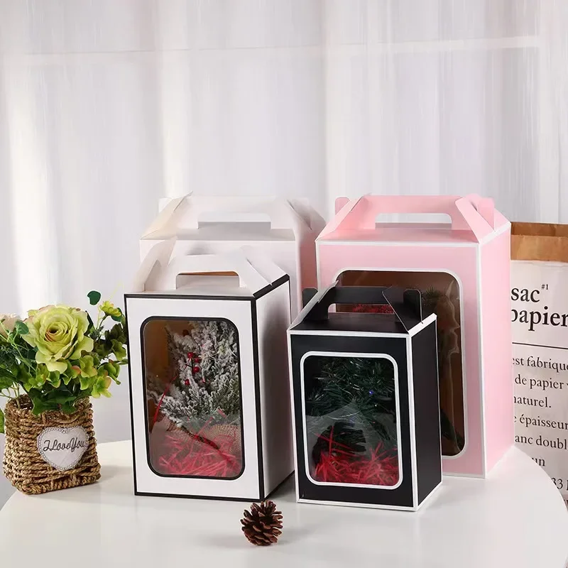 10pcs Transparent Window Gift Box Cardboard Packaging Box for Toy Doll display Kraft Paper Gift Flower Box with Handle