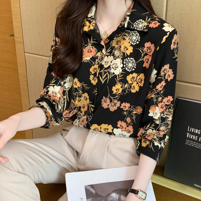 Women Spring Korean Fashion Loose Printing Appear Thin Polo-Neck Long Sleeve Shirts Women Clothes Casual All-match Elegant Tops