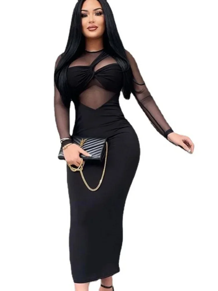 Slim Fit Long Sleeve Y2k Sexy Dress Summer New Fashion Solid Colour Streetwear Casual Round Neck Mesh Patchwork Dress For Women