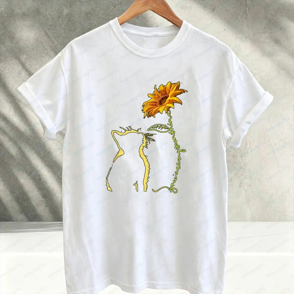 Minimal Line Art Cat with Sunflower Graphic T‑Shirt Vintage Aesthetic Floral Kitty Print Cotton Casual Loose Streetwear Tees Top