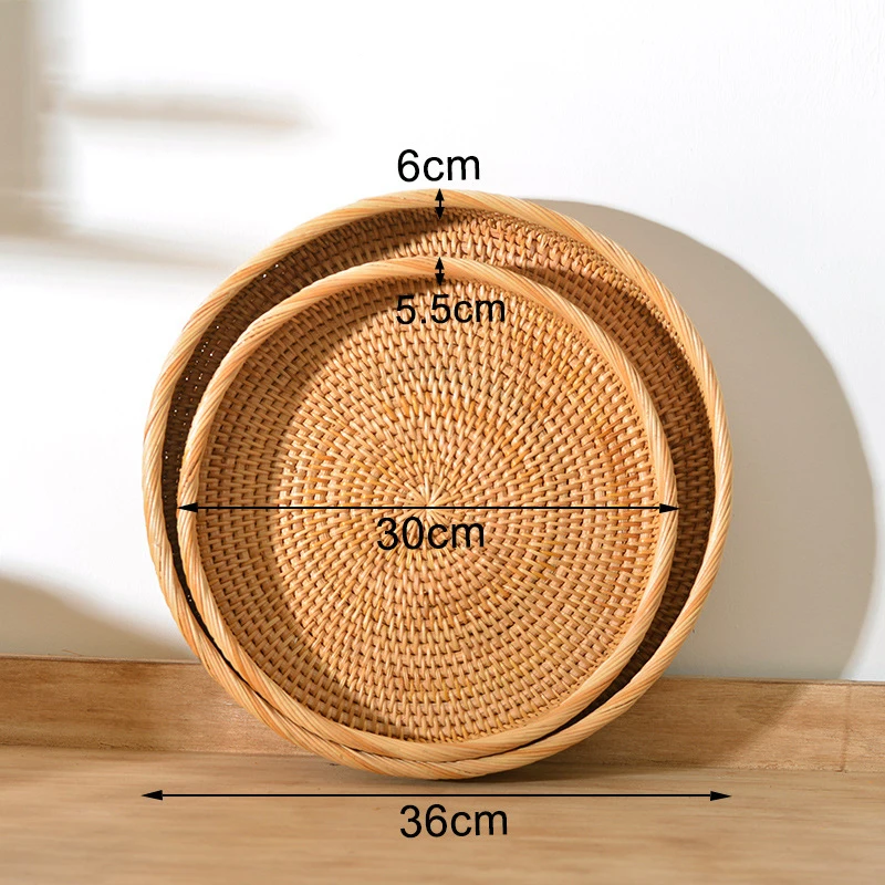 Hand-Woven Rattan Serving Tray Without Handles Decorative Rattan Tray for Coffee Table Round Basket Tray for Fruits Vegetables