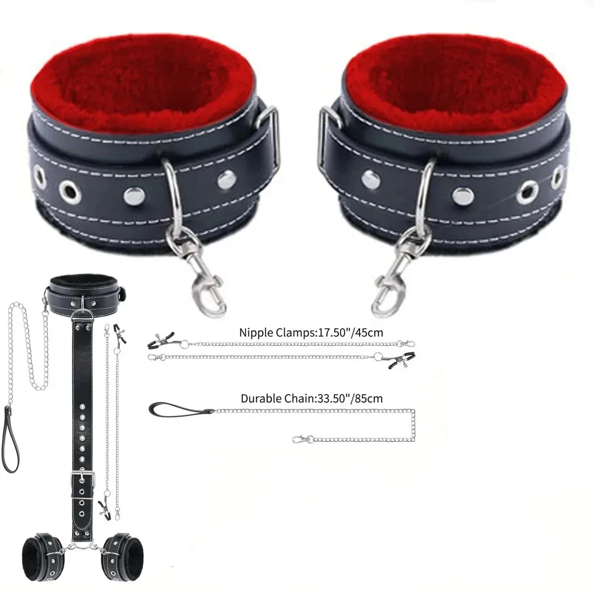 Adjustable Plush Lined PU Leather Wrist Ankle Cuffs BDSM Bondage Restraint Kit Erotic Role Play Toy For Adult Couples view 6