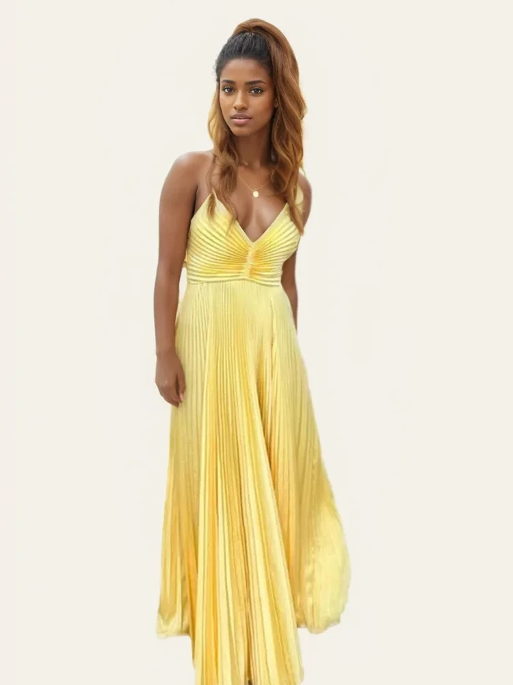 

Sexy Backless Bow V-neck Sling Dresses for Summer Women's Dress New SKinny High Waist Solid Color Maxi pleated Dress Woman