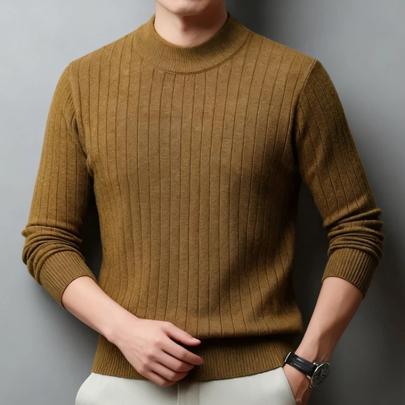 سترة رجالية محبوكة برقبة شبه عالية، نسيج صوف 500 جرام، مضاد للبيلينغ، طراز فاخر هادئ، بيج رمادي بني ​