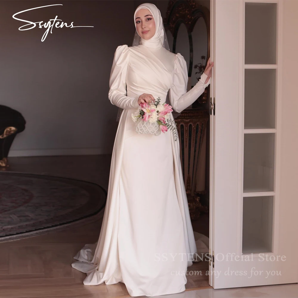 

SSYTENS Arabic Wedding Dresses Customized White Ivory Mermaid Bride Dress Long Sleeves Muslim Satin Bridal Gowns Robe De Mariée