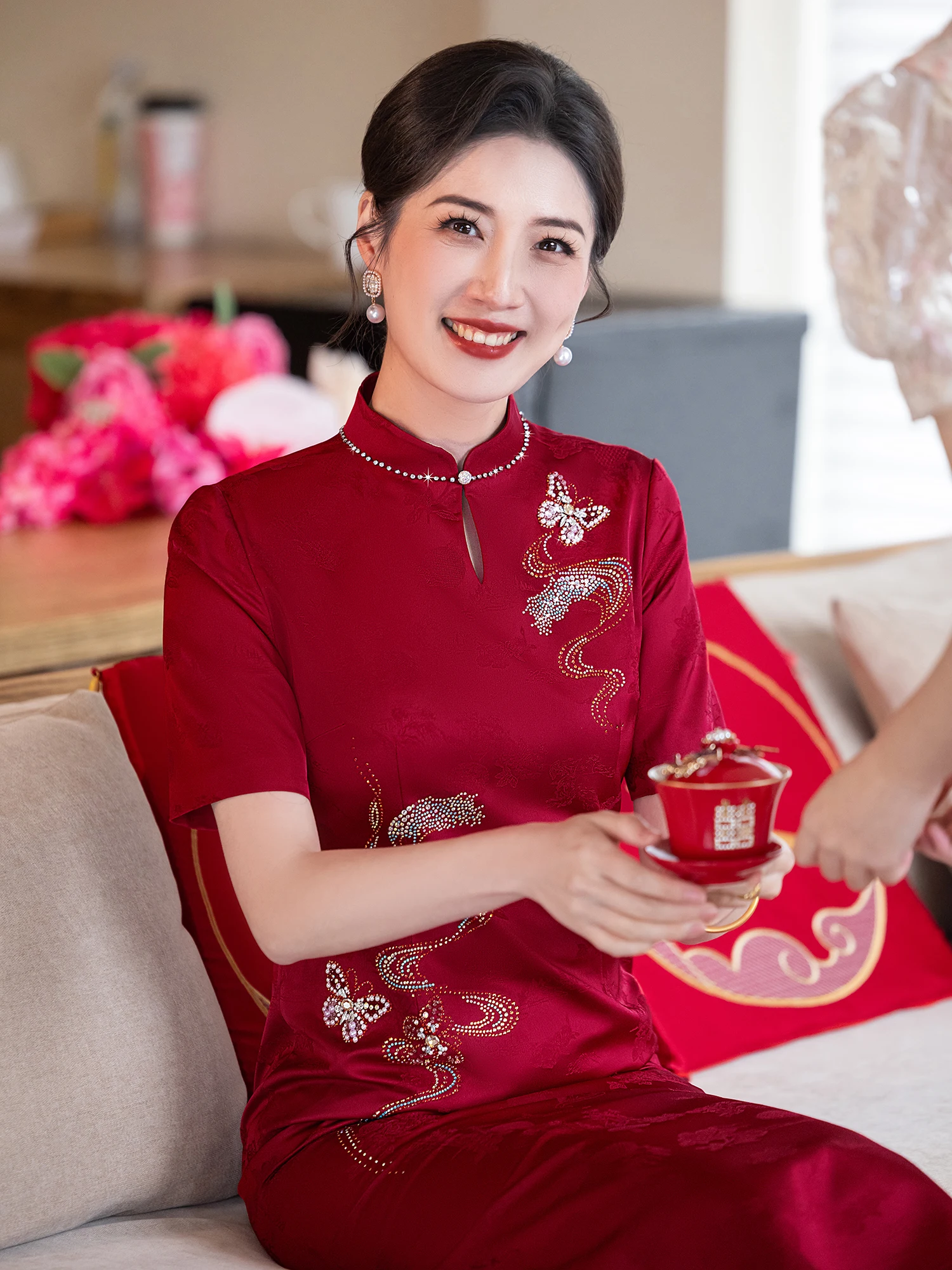 

Slimming Mom Wedding Dr Traditional Chinese Sle Summer New Arrival ort Sve round Collar Mid-Length Gown