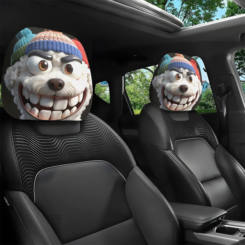 2pcs Exaggerated Eye Smiling White Curly Dog Cartoon Print Car Headrest Covers | Creative Decor, Easy To Install And Wash, Perfe