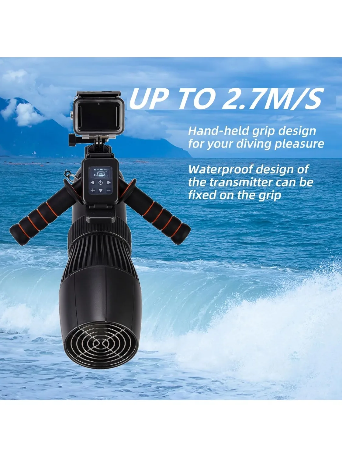 카몰렉 500W 수중 스쿠터: 40m 프리다이빙, 브러시리스 모터, 60분 슈퍼 배터리 수명, 10000mAh 용량.