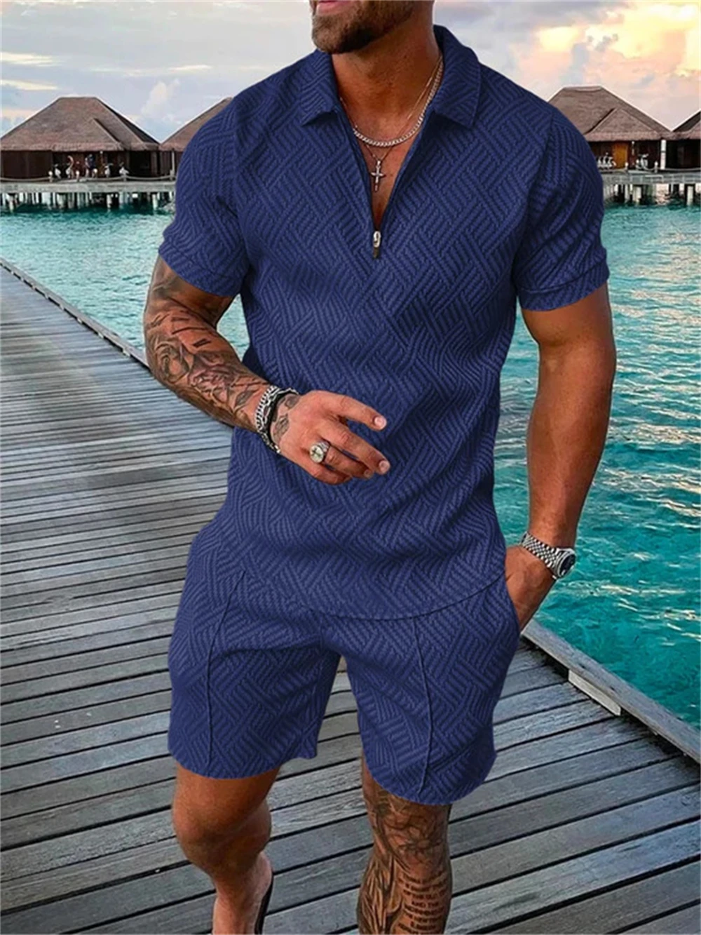 Summer Fashion Men 3D Printed Solid Color Polo Shirt And Shorts 2pcs Sets Zipper Tracksuit Set Oversized T-shirt Suits Clothing