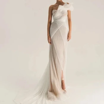 Personalizado camisa de luxo em linha reta um ombro vestido de noite fenda lateral até o chão sem mangas painel trem vestidos de fiesta