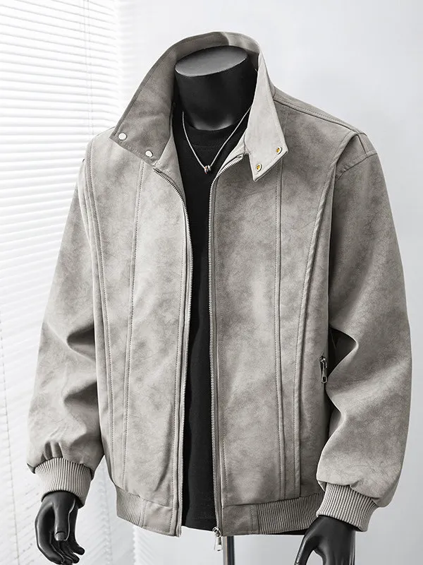 

Retro Distred Men's Stand Collar Biker Casual Sle Jaet American Leather Windproof Faionable Versatile Outerwear