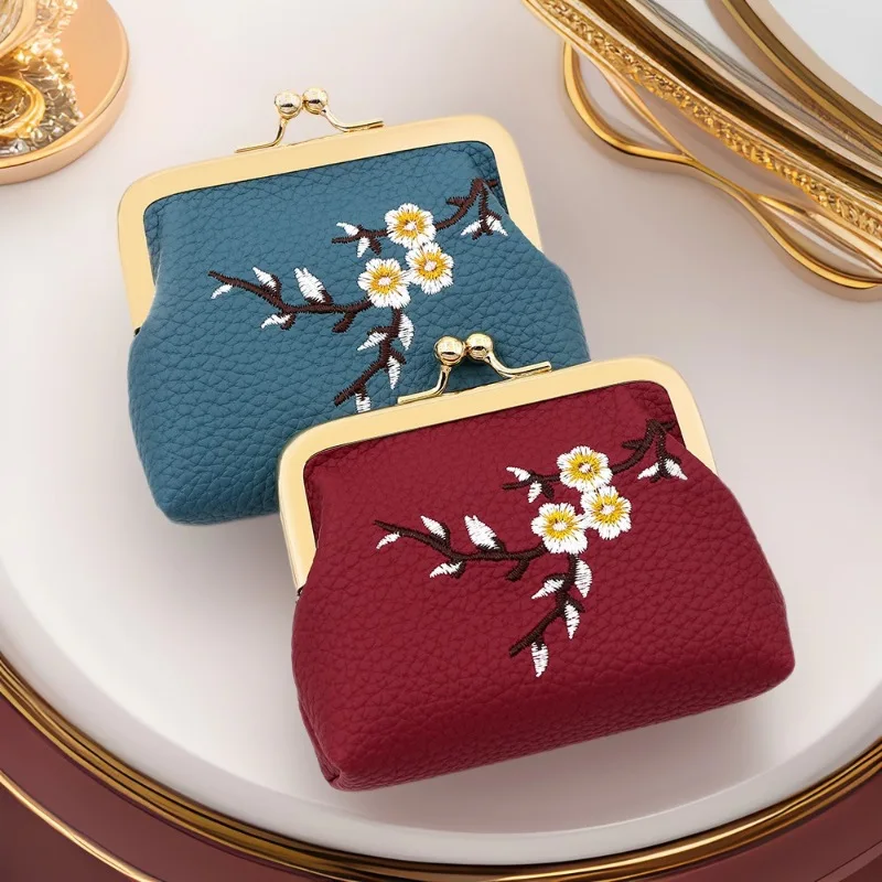 Women's PU Leather Kiss-Lock Coin Purse with Embroidered Floral Design Vintage Small Clutch Wallet for Daily Travel Storage