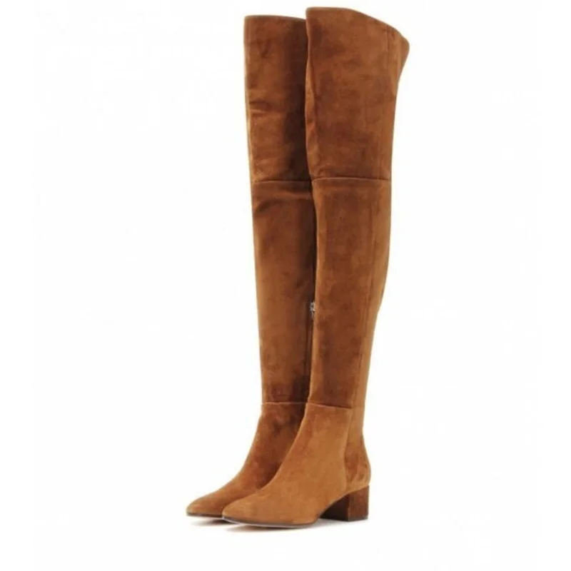 Plus Size 46 Suede Women Over The Knee Boots Low Block Heels Round Toe Side Zipper Stretch Fabric Tall Boots For Winter