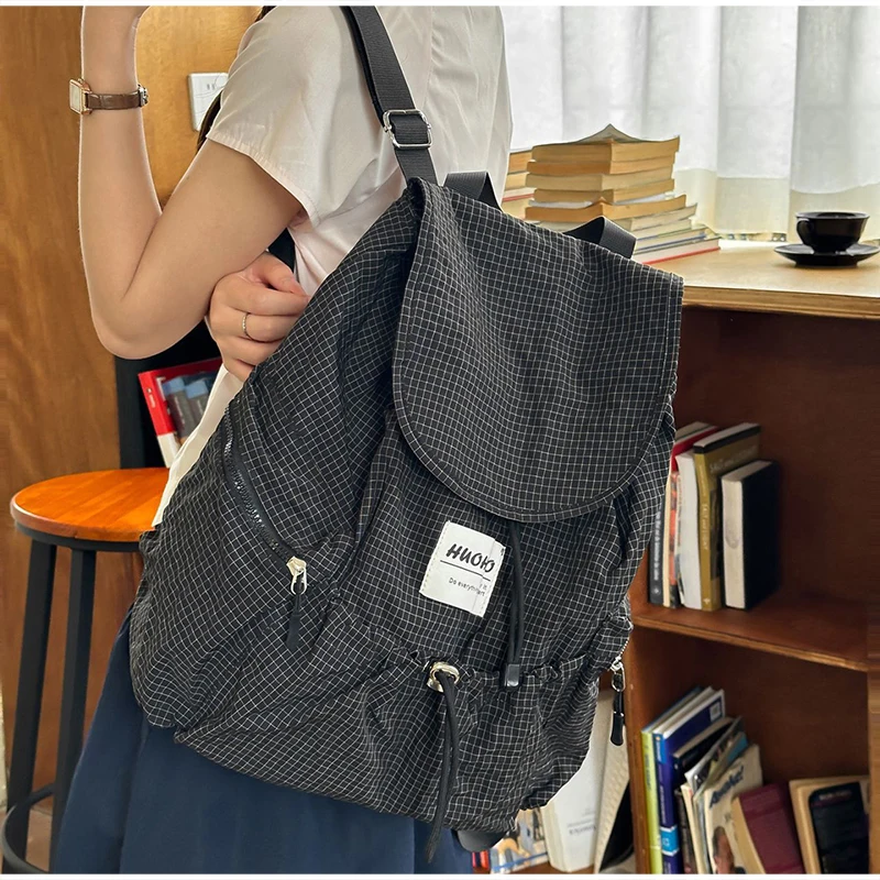 Modischer Rucksack, koreanischer Karo-Rucksack mit Kordelzug für Studenten, Unisex-Schultasche, leichter Damenrucksack mit großer Kapazität – Detail 15