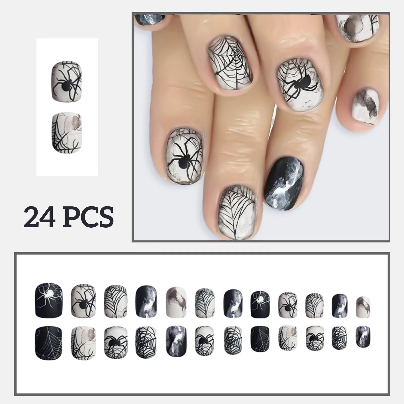 24pcs Black White Smudging False Nails Spider Wed Designs Press On Nails Full Cover Short Round Wearable Fake Nail For Halloween