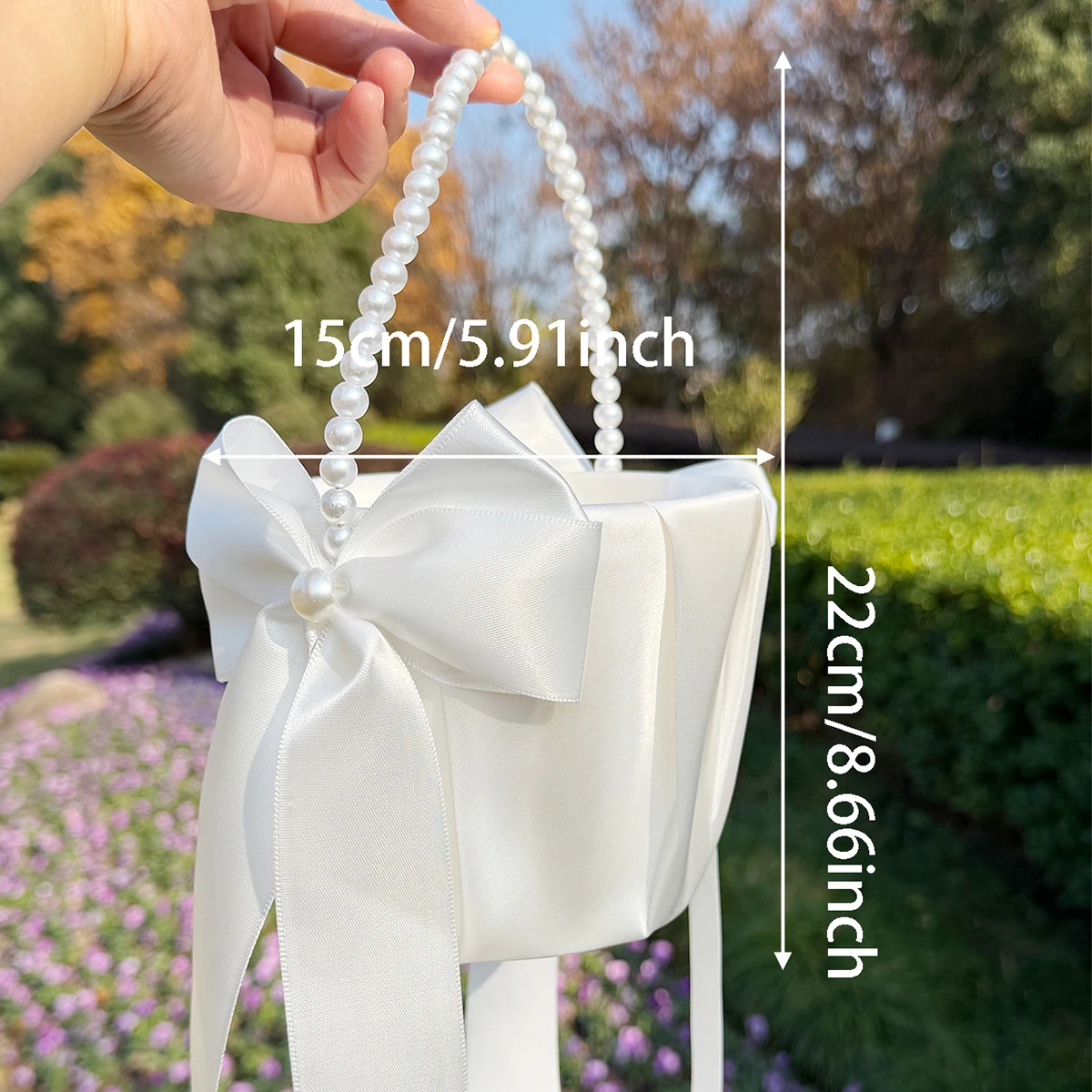 Wedding Flower Girl Basket with Cute Pearl Handle Bowknot Satin Flower Baskets for Wedding Ceremony image 5