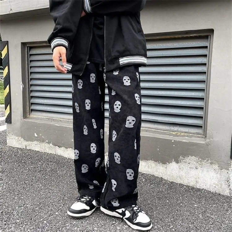 American High Street Fashion Skull All Over Printed Corduroy Casual Pants Loose Straight Elastic Waist Wide Leg for Men Women