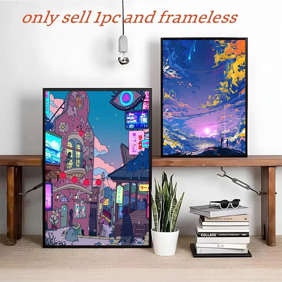 Frameless Canvas Print Anime City Night Starry Sky Wall Art Digital Painting Home Bedroom Background Picture