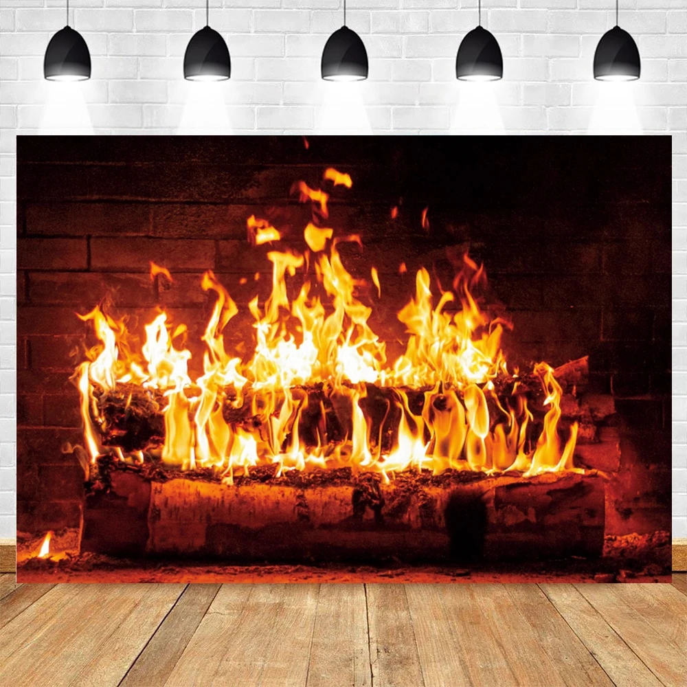 Winter Burning Firewoods Backdrop Christmas Brick Wall Fireplace Flame Wood Baby Portrait Photography Background Photo Studio